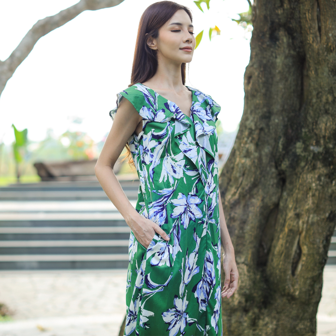 Batik Maxi Dress in Green and White